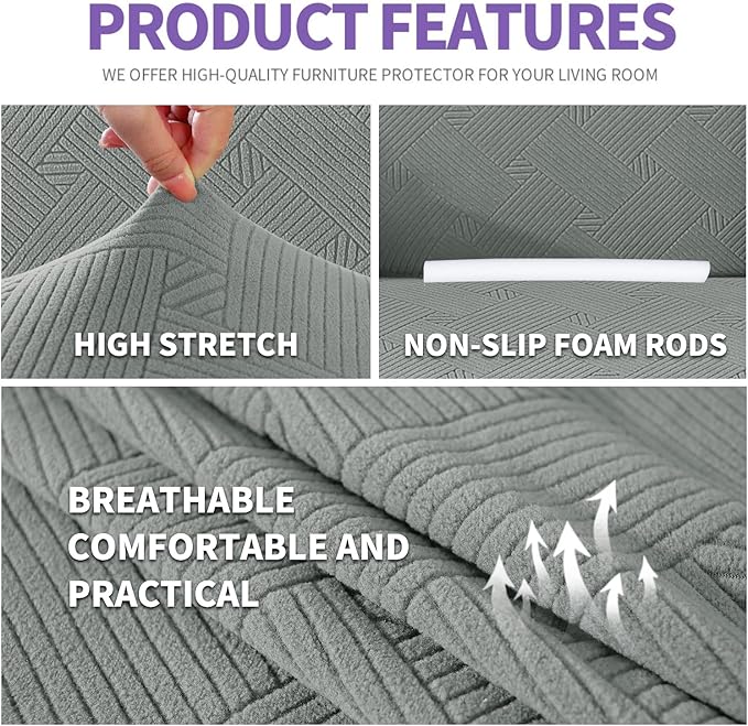 ZNSAYOTX Super Stretch Sofa Cover (72"-92"), New Striped Sofa Covers Fitted Slipcovers with Elastic Bottom, Dog Cat Pets Proof Spandex Washable Fabric Comfortable & Durable (Light Grey, Sofa)