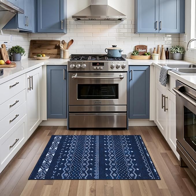 SERISSA 2x3 Rugs for Entryway, Washable Non-Slip Blue and White Small Area Rug, Soft Low-Pile Boho Geometric Indoor Entry Rug Door Mat Indoor Entrance Front Door Carpet for Bathroom Kitchen Bedroom