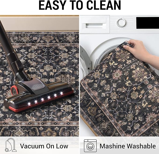 KUTA 3x5 Rugs for Entryway, Vintage Floral Area Rug Washable Non-Slip Brown Ultra Thin Soft Printed Distressed Entry Low-Pile Throw Carpet for Bedroom Nursery Living Room