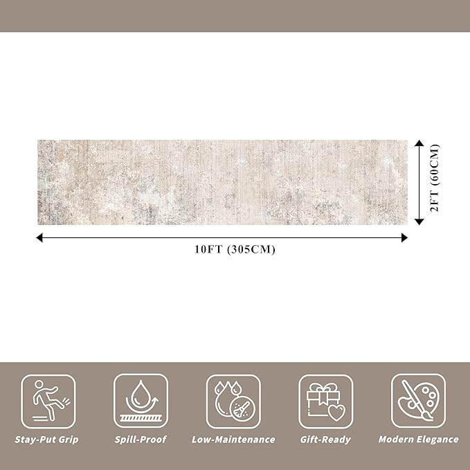 2x10 Washable Hallway Runner Rug – Non-Slip Long Carpet Runner for Kitchen Entryway Bedroom Living Room Bathroom,Stain-Resistant Low-Pile Modern Abstract Neutral (Beige Grey,2x10)