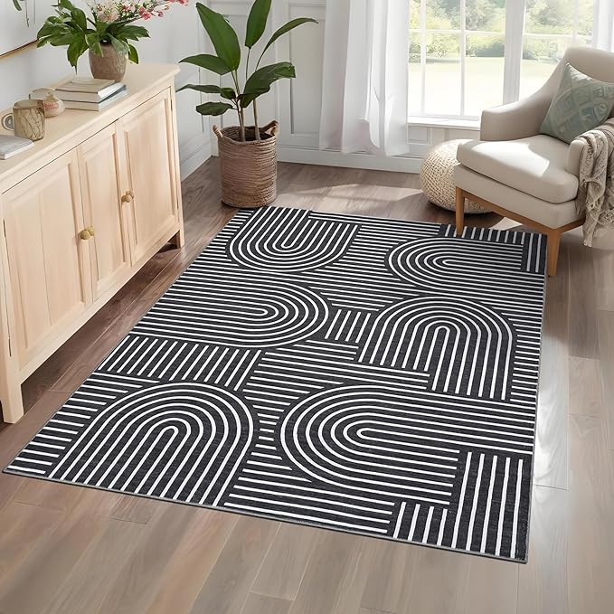 ROYHOME Washable Rug 4x6 Area Rugs for Living Room, Abstract Rug for Bedroom, Soft Rainbow Non Slip Throw Rugs with Rubber Back, Low Pile Stain Resistant Boho Geometric Carpet for Dining Room, Black