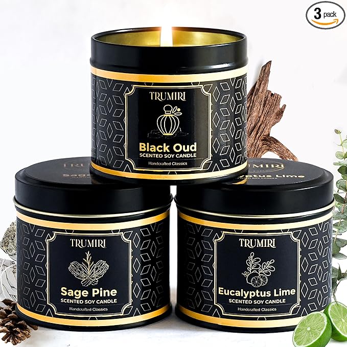 Candle Gift Set of 3 Black Oud|Sage Pine|Eucalyptus Lime Strong Scented Soy Candels Clean Non Toxic Velas Aromáticas Favors for Women Coworkers Friends Guests Also for Fall Diwali Christmas Holidays