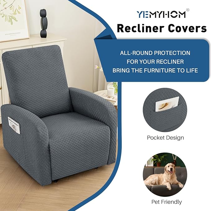 YEMYHOM 3 Pieces Stretch Recliner Slipcover Latest Jacquard Small Recliner Chair Cover with Side Pocket Anti-Slip Fitted Furniture Protector with Elastic Bottom (X-Small Recliner, Dark Gray)