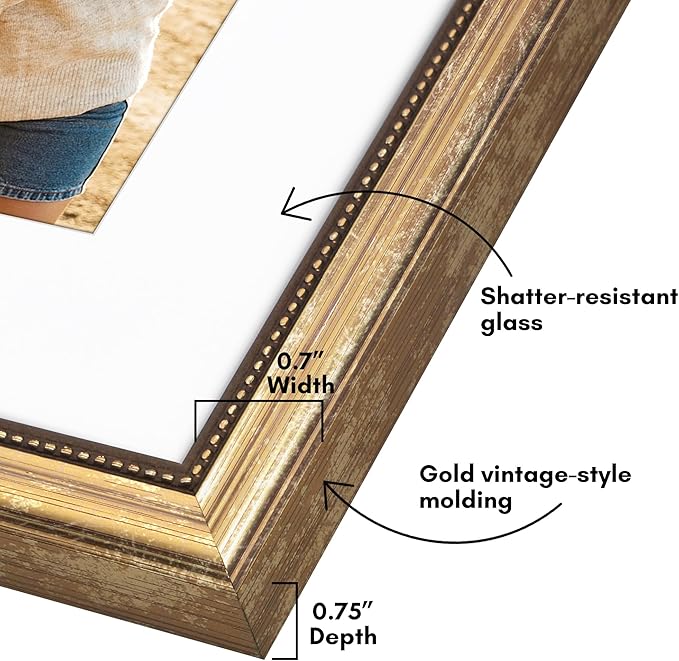 Americanflat Vintage Frames - 8x10 Picture Frame with Beaded Accents and Shatter-Resistant Glass - Use as 5x7 Frame or Display 8x10 Photos Without Mat - Heirloom Collection - Tabletop or Wall - Gold