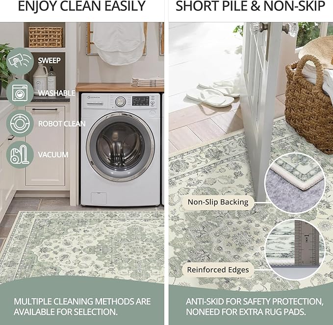 3x10 Non Slip Hallway Runner Rug - Washable Vintage Distressed Kitchen Carpet, Ultra-Thin Soft Low Pile Entryway Mat with Rubber Backing for Bedroom Living Room (Green)