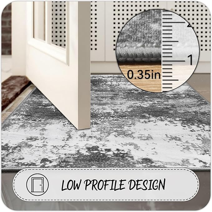 Entryway Rug 2x3 Grey Door Mat Indoor Entrance 24x36, Washable Small Throw Rugs for Kitchen Floor, Entry, Front Door, Bedroom Bedside, Non-Slip Low Pile Stain & Fade Resistant, Abstract Gray