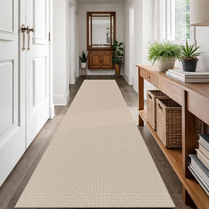 IOHOUZE Washable Runner Rug 3x12 Non Slip Rubber Backed Extra Long Hallway Runner Entryway Runner Indoor, Kitchen Rugs Woven Cotton Floor Carpet for Hall Entrance, Beige/Khaki