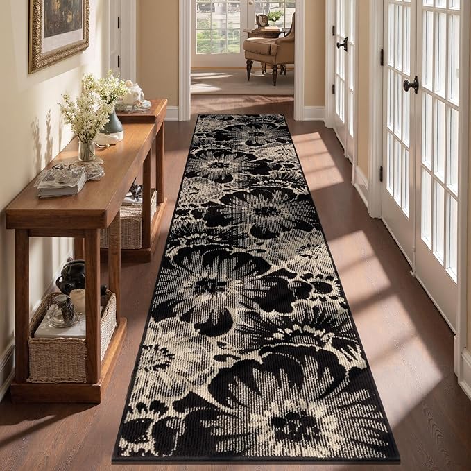 Findosom Hallway Runner Rug 2x10, Non Slip High-Low Textured Floral Washable Runner Rug with Rubber Backing, Boho Carpet Runner for Kitchen, Entryway, Bedroom, Laundry, Black & Beige