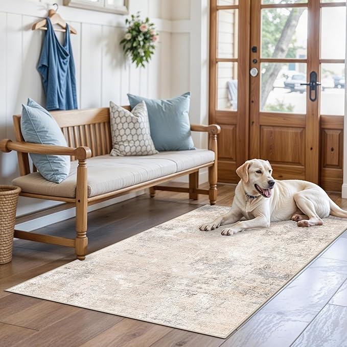 3x4 Washable Entryway Area Rug – Non-Slip Modern Abstract Small Area Rug for Kitchen, Bedroom, Bathroom – Soft Low-Pile Thin Indoor Door Mat (Beige Grey,3x4)