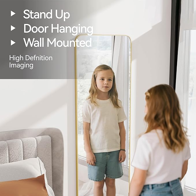 SCWF-GZ 57x20 Door Hanging Full Length Mirror, Floor (Height 5.7ft just Body in 1.3ft) or Wall Mounted Metal Frame Rectangle Dressing Mirrors for Bedroom Bathroom Living Room 57 inch Gold