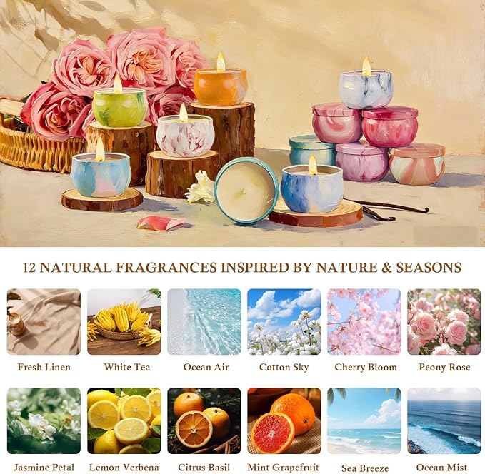 Scented Candles Gift Set for Women, 12 Pack Spring Summer Aromatherapy Candle 300 Hours Burning Time, French Artistic Soy Wax Candles Portable Tin Candle for Mom Birthday Mothers Day Gifts
