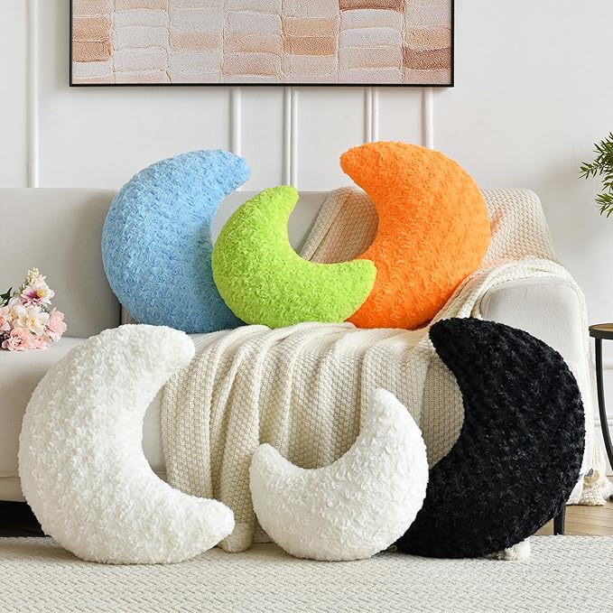 Moon Shaped Pillow with Soft Faux Fur for Couch, Bed, Sofa - Cute Half Moon Pillows with Room Decor for Bedroom, Living Room (14.9 Inches, White)