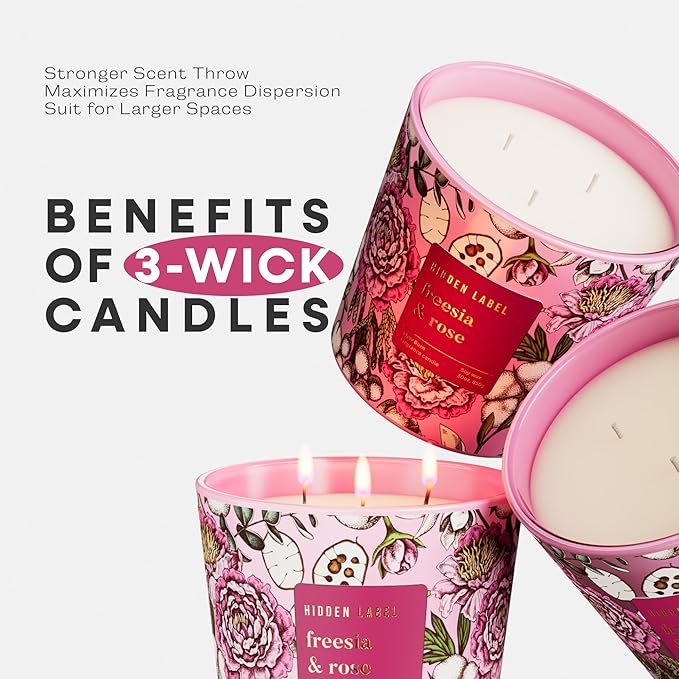 Giant Candle Freesia Rose Scented, 30oz Natural Non Toxic Soy Candles, 3 Wicks Aromatherapy Candles for Home Scented, Up to 100Hours Clean Burn,Long Lasting, Extra Large Jar Candles for Women