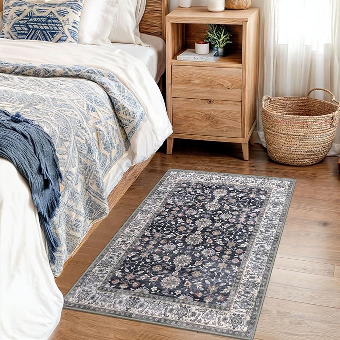 KUTA Vintage Floral Entryway Rug 2x3, Kitchen Rugs Non-Slip Washable Throw Rug, Grey Black Beige Ultra Thin Soft Print Front Door Mat Indoor Doormat for Entrance, Bedside, or Small Spaces