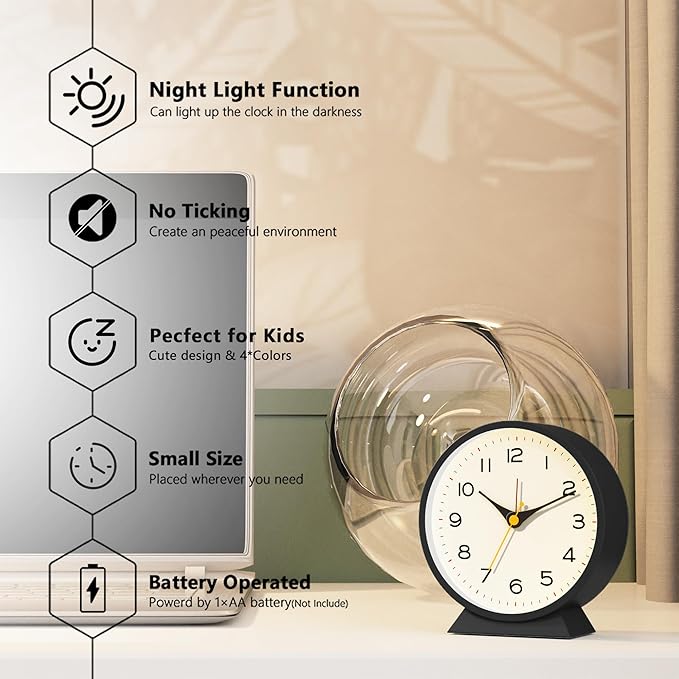 AYRELY?? 4.5" Analog Alarm Clock,Small Retro Desk Clock Battery Operated,Slient Metal Table Clock with Light for Living Room Decor,Bedroom,Bedside,Shelf (Black)