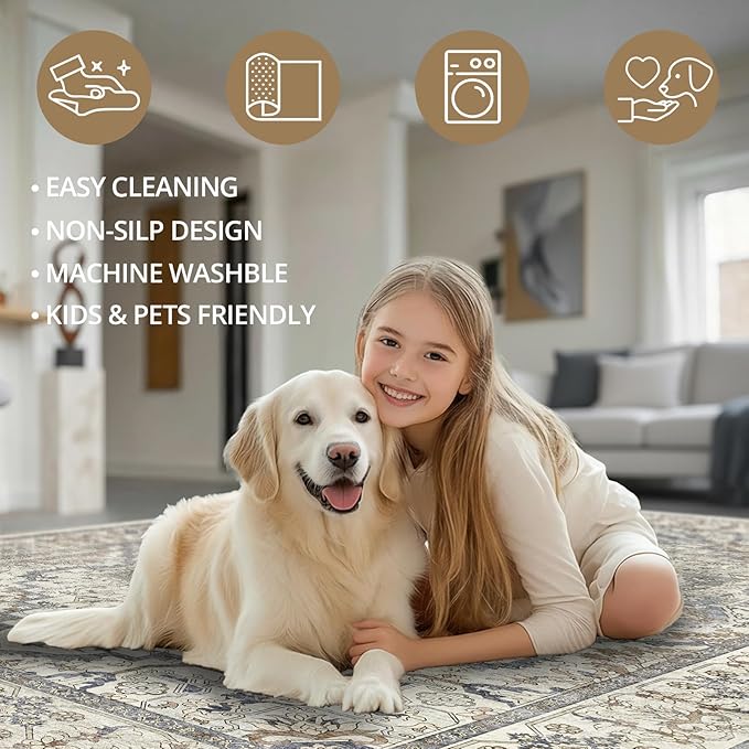Beige 8x10 Washable Large Area Rug, Non-Slip Soft Ultra-Thin Polyester Carpet with Vintage Vintage Stain Large Rug for Living Room, Bedroom, Dining Room & Open-Concept Spaces Oeko-TEX - Beige/Blue