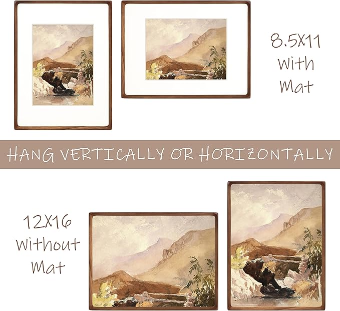 12x16 Picture Frame with Mat for 8.5x11, Natural Walnut Wood Handcrafted Rounded Corner with Plexiglass, Vertical or Horizontal Display Photo Document Gallery Poster Wall Mounting Frame