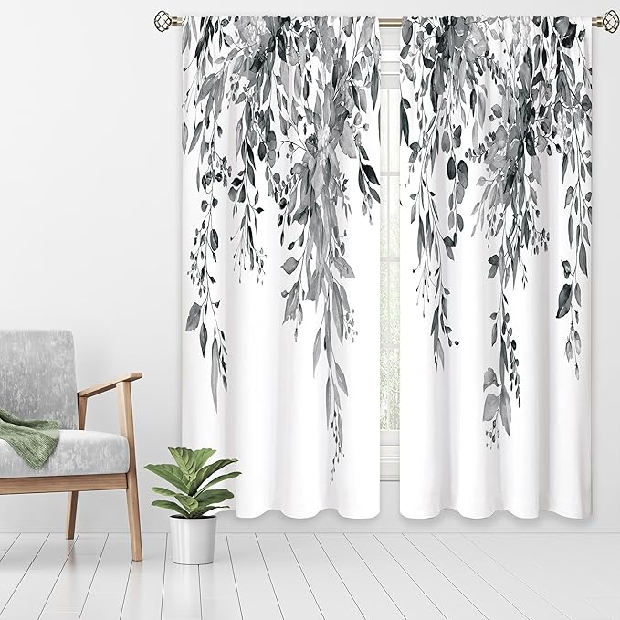 Grey Eucalyptus Botanical Leaves Floral Window Curtains Watercolor Black White Flower Plant Wildflower Farmhouse Curtain Drapes Herb Curtains for Bedroom Living Room Treatment 52Wx84H Inch