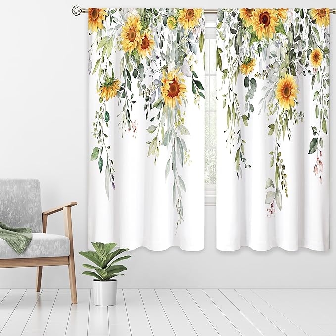 Farmhouse Sunflower Eucalyptus Botanical Leaves Floral Window Curtains Yellow Flower Watercolor Plant Wildflower Curtain Drapes Herb Curtains for Bedroom Living Room Treatment 29Wx63H Inch
