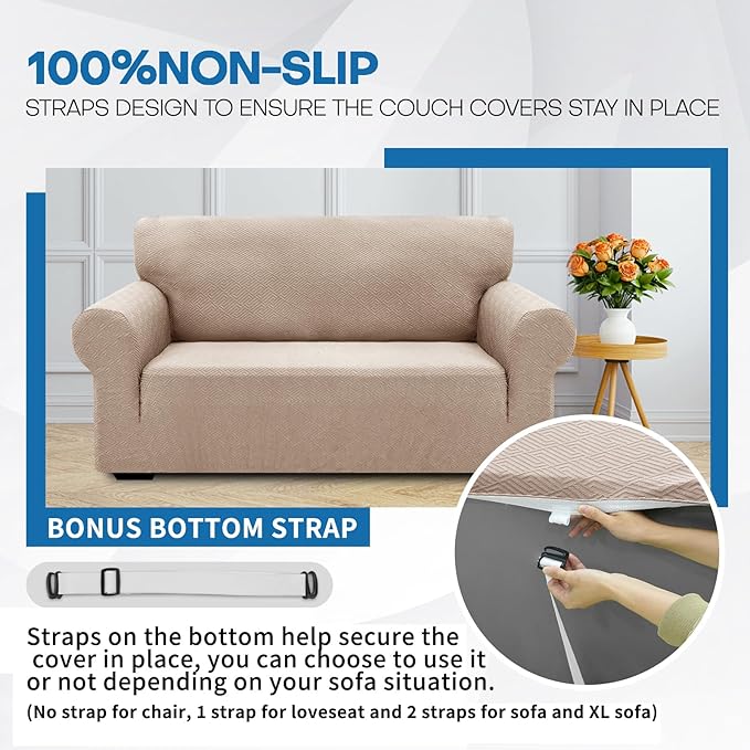 XINEAGE 2026 New 1 Piece Couch Covers for 2 Cushion (55"-69") Stretch Loveseat Sofa Cover Slipcover Jacquard Universal Furniture Protector with Elastic Bottom for Kids,Dog (Loveseat, Khaki)