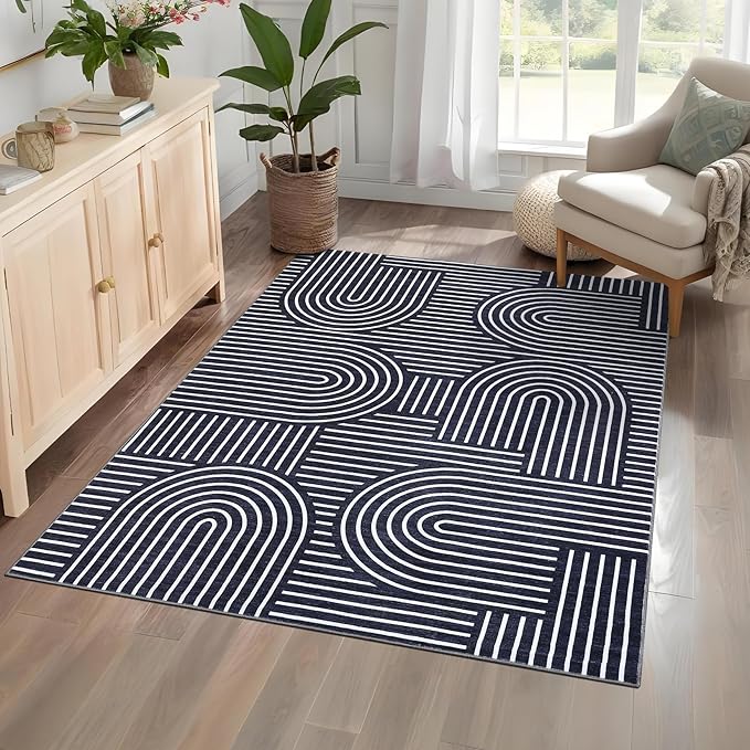 ROYHOME Washable Rug 4x6 Area Rugs for Living Room, Abstract Rug for Bedroom, Soft Rainbow Non Slip Throw Rugs with Rubber Back, Low Pile Stain Resistant Boho Geometric Carpet for Dining Room, Blue