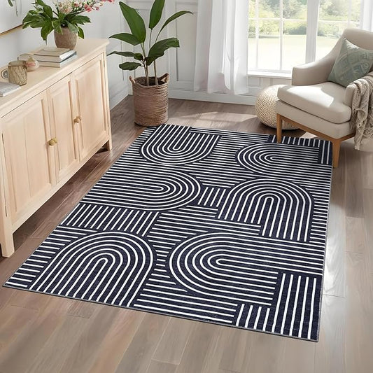ROYHOME Washable Rug 4x6 Area Rugs for Living Room, Abstract Rug for Bedroom, Soft Rainbow Non Slip Throw Rugs with Rubber Back, Low Pile Stain Resistant Boho Geometric Carpet for Dining Room, Blue
