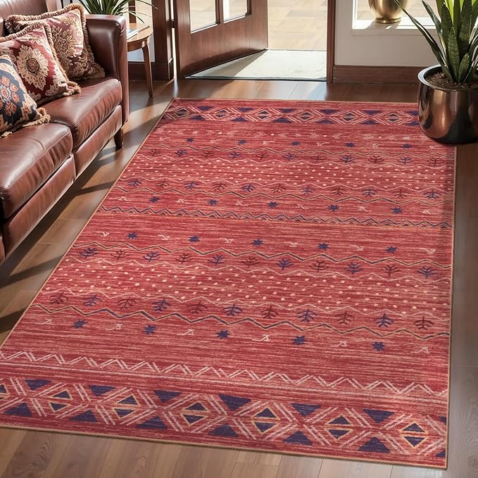 SERISSA 3x5 Area Rugs for Living Room, Washable Non-Slip Red Ochre Small Boho Rug, Soft Low-Pile Geometric Indoor Throw Carpet for Bedroom Kitchen Dining Room Office