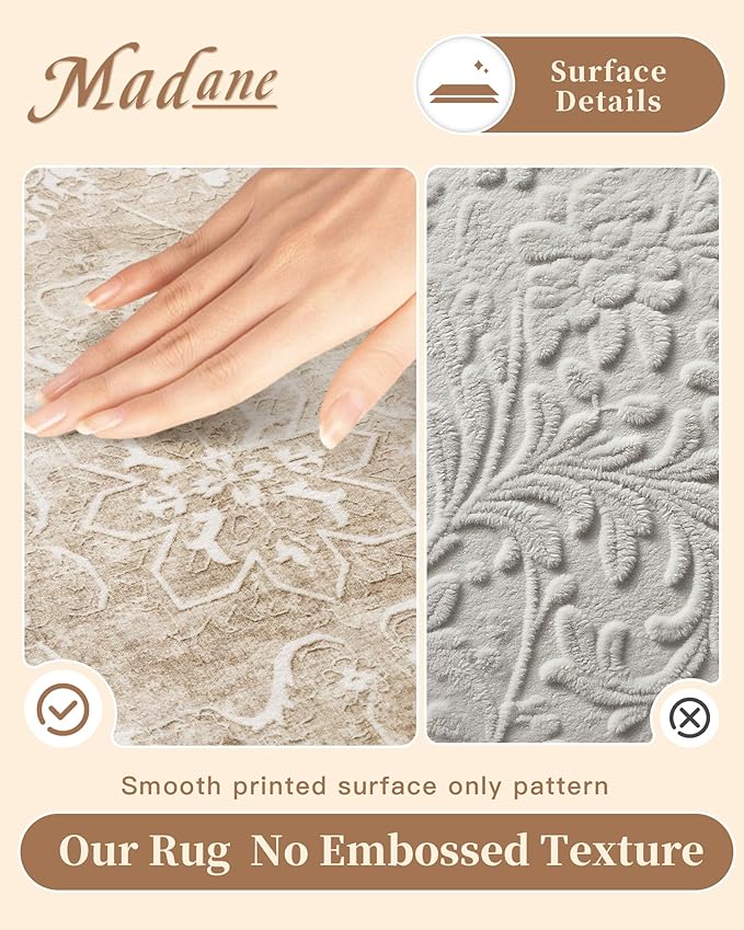 Madane 8x10 Area Rugs for Living Room, Machine Washable Vintage Neutral Rug with Non-Slip Backing, Soft Large Throw Rug, Thin Carpet for Bedroom Dining Room Farmhouse (8 x 10, Beige/Brown)