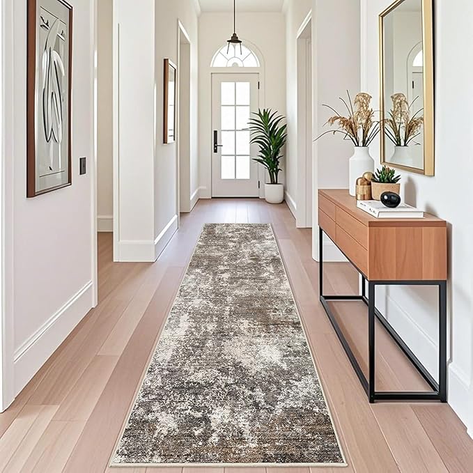 2x12 ft Washable Hallway Runner Rug – Non-Slip Stain-Resistant Low-Pile Long Carpet Runner for Kitchen Entryway Living Room Bedroom Bathroom, Modern Abstract Neutral (Brown Beige,2x12)
