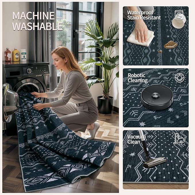 SERISSA Hallway Runner Rug, 2'6"x8' Washable Non-Slip Grey Boho Rug, Soft Low-Pile Geometric Indoor Long Carpet for Kitchen Laundry Room Bathroom