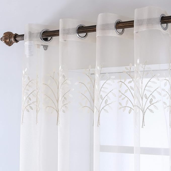DONREN Luxury Beige Sheer Curtains for Living Room - Leaf Embroidery Sheer Curtain Panels for Bedroom (W 52 x L 96 Inch,2 Panels)