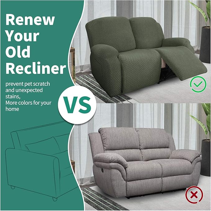 YEMYHOM 6 Pieces Stretch Loveseat Recliner Slipcover Jacquard Recliner Sofa Cover with Side Pocket Fitted Recliner Cover Couch Furniture Protector with Elastic Bottom (Medium, Army Green)
