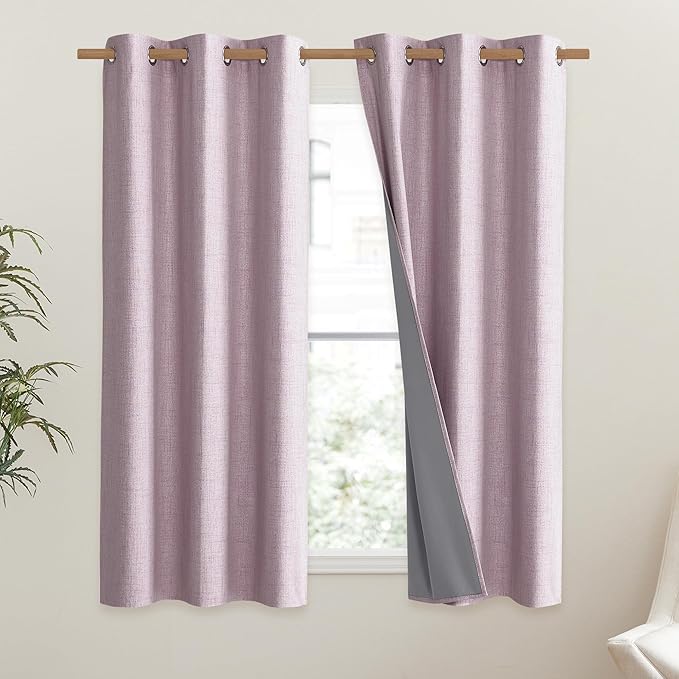 NICETOWN Pink Vintage Linen 100% Blackout Curtains for Dining Room, Thermal Insulated Curtains 54" Long, Noise Reducing Window Treatment Drapes for Kitchen, 42" Wide Per Panel, Set of 2