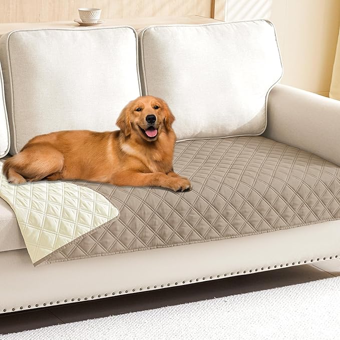 Smiry Waterproof Couch Covers for Dogs Washable, Reversible Pet Couch Covers for 3 Cushion Sofa Pet Friendly, Soft Sofa Furniture Protector for Dogs Cat Kids, Checkered (30"x95", Taupe/Beige)