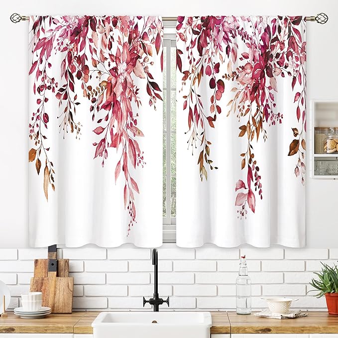 Burgundy Eucalyptus Small Kitchen Curtains Watercolor Red Leaves Window Treatment Flower Floral Plant Botanical Cafe Short Curtains for Bathroom Dining Fall Tier Treatment Drapes 26x24 inch