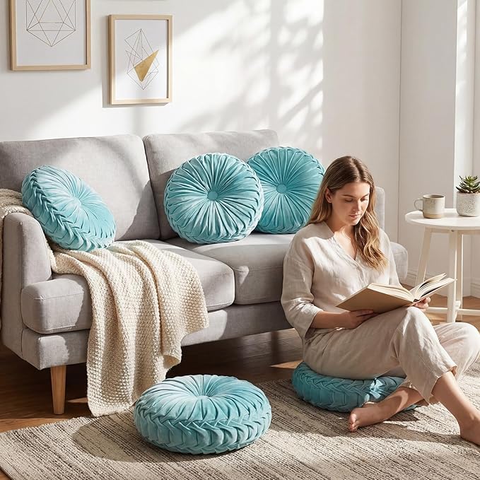 Drydiet 1 Pcs Round Throw Velvet Pillows Decorative Pleated Throw Pillows 15'' Diameter Accent Pumpkin Boho Chair Cushion for Couch Sofa Home Decoration (Aqua)