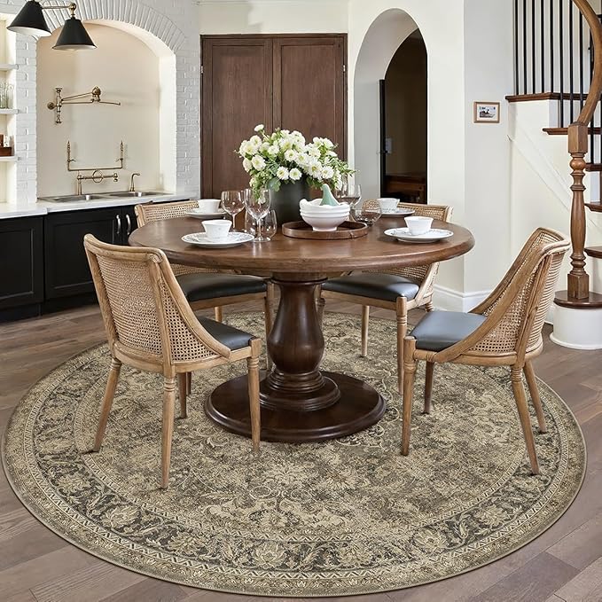 6x6 Washable Round Rug Brown Vintage Non Slip Soft Low Pile Circle Rug for Living Room Bedroom Distressed Oriental Indoor Carpet for Dining Room Office Entryway Home Decor