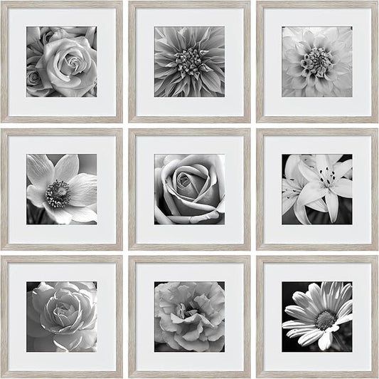 eletecpro 12x12 Picture Frames Set of 9 with Mat for 8x8 Photos or without Mat for 12x12, Square Gallery Wall Decor Collage for Picture Display, Beige Drift Wood Frame Set for Wall Hanging