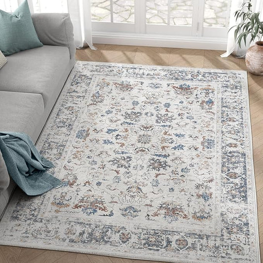 jinchan Area Rug 5x7 Living Room Rug - Washable Vintage Boho Floral Print Floor Cover Lightweight Low Pile Thin Non-Slip Retro Distressed Carpet for Bedroom Dining Room Kitchen Office Grey Multi