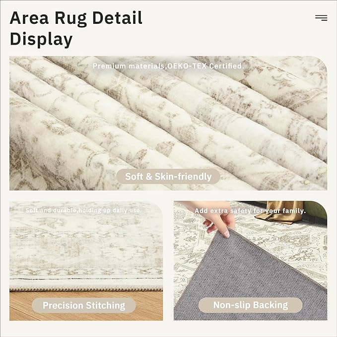 Soalmost 9x12 Area Rugs for Living Room, Non Slip Machine Washable Vintage Rugs, Low Pile Lightweight Large Rug for Bedroom, Dining Room, Home Office Beige/Brown