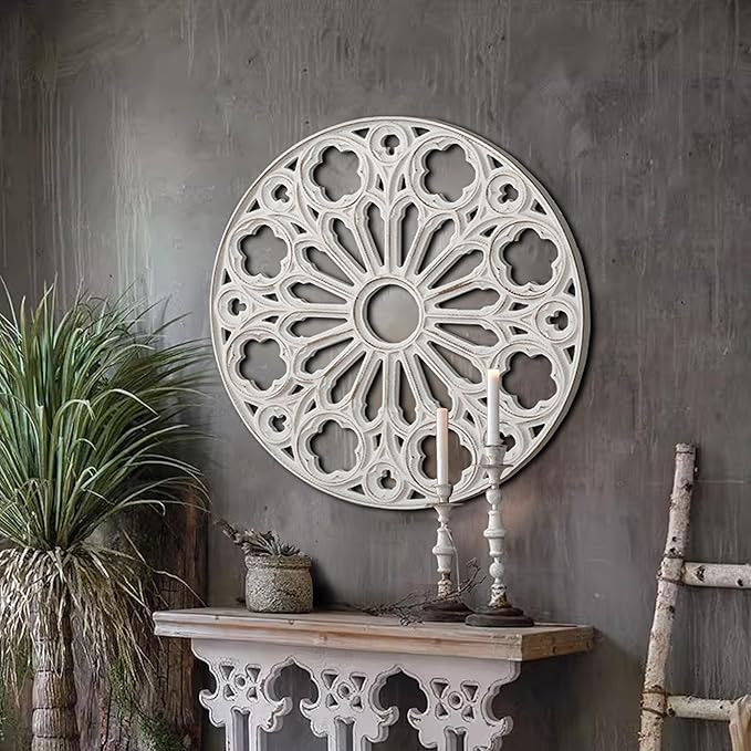 XIAOAIKA Wood Round Decorative Wall Sculpture, Hand-Carved Floral Geometric Design with Distressed White Finish, Vintage Farmhouse Boho Wall Art for Living Room Bedroom Hallway, 24 Inch