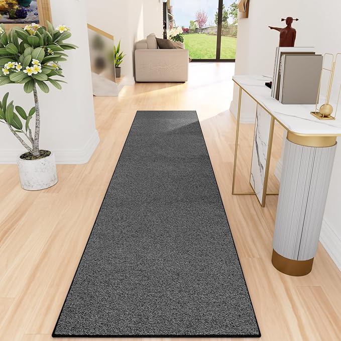 Runner Rug with Non Slip Rubber Backing, Washable Soft Floor Carpet for Kitchen, Hallway, Entryway Indoor, Bedroom, Laundry, Low Pile Area Rugs, Solid Color with Pointillism Style, 2'6“*12' Black