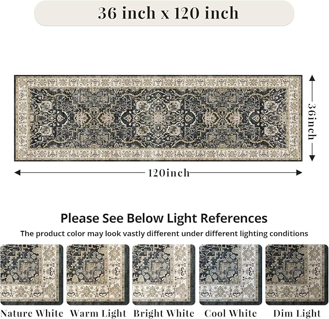 3x10 Non Slip Hallway Runner Rug - Washable Vintage Distressed Kitchen Carpet, Ultra-Thin Soft Low Pile Entryway Mat with Rubber Backing for Bedroom Living Room (Black)