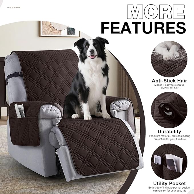 TAOCOCO 100% Waterproof Recliner Chair Cover, Oversized Recliner Covers for Large Recliner Chair with Double Straps, Non Slip Reclining Chair Cover for Kids, Pets(Oversized Recliner, Coffee)