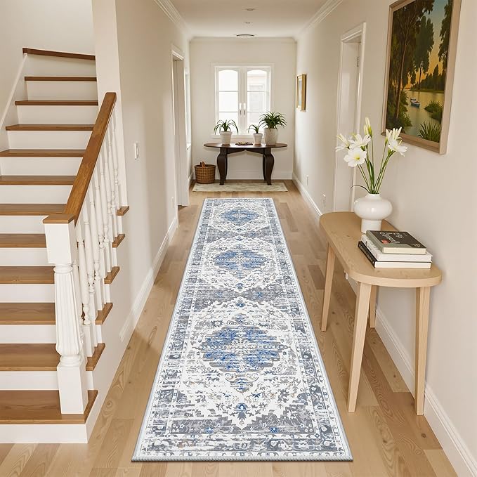 Ileading Washable Hallway Runner Rugs, 2x8 Non Slip Runners Area Rug for Entryway Kitchen Bathroom Bedroom Laundry Living Room, Long Narrow Low-Pile Floor Carpet Boho Vintage Throw Mat for Kids Room