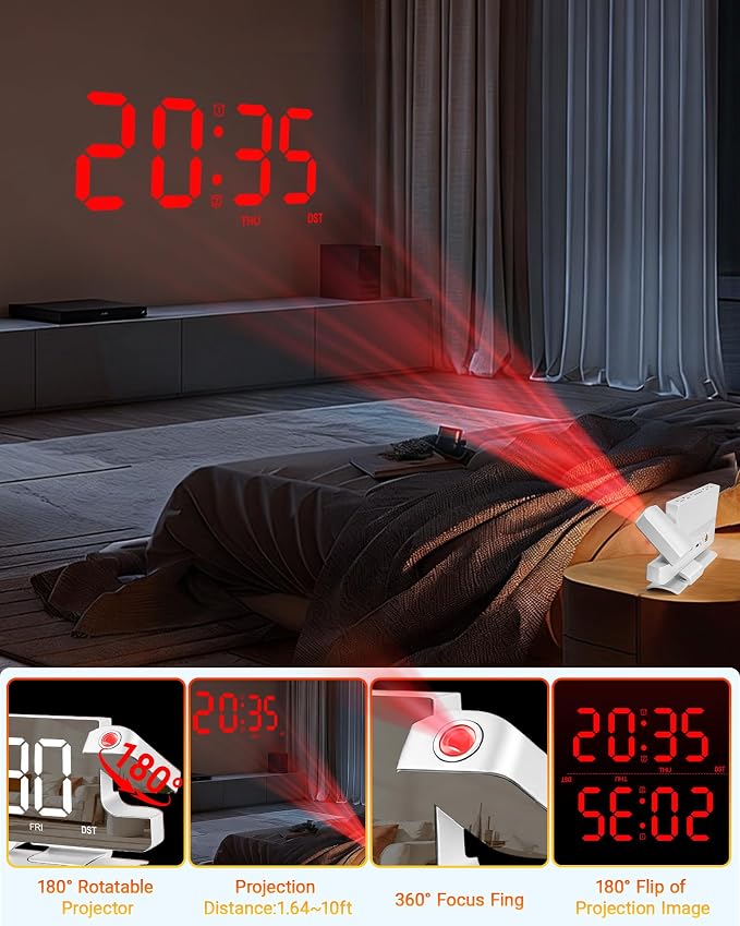 Lamisola Projection Alarm Clock for Bedroom Ceiling, White Digital Clock - Image 2