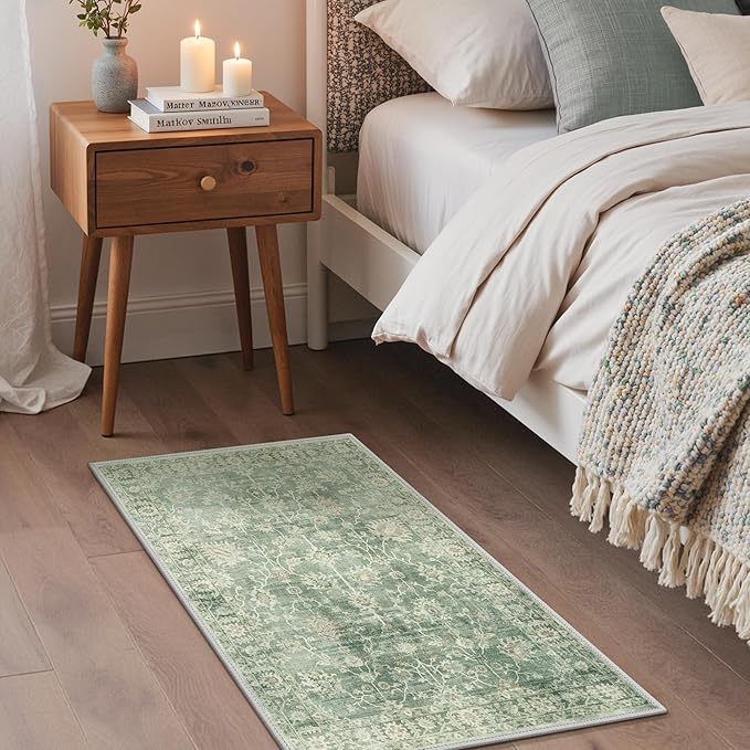 GENIMO Entryway Rug Floral Rug, 2x3 Washable Door Mat Non Slip, Thin Floor Rugs for Entryway Hallway Bathroom Laundry Room Corridor, Light Sage
