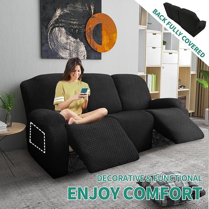 YEMYHOM 8 Pieces Stretch Recliner Sofa Cover Latest Jacquard Reclining Couch Cover with Side Pocket Anti-Slip Fitted 3 Cushion Furniture Slipcovers with Elastic Bottom (Sofa Recliner, Black), Large