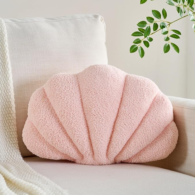 CANGHI Shell Pillow Seashell Decorative Pillow Light Pink Beachy Coastal Shell Shaped Throw Pillows 13x10 Inch Soft Ocean Beach Sea Shell Plush Pillows Cushion for Bed Couch Living Sofa Room Decor