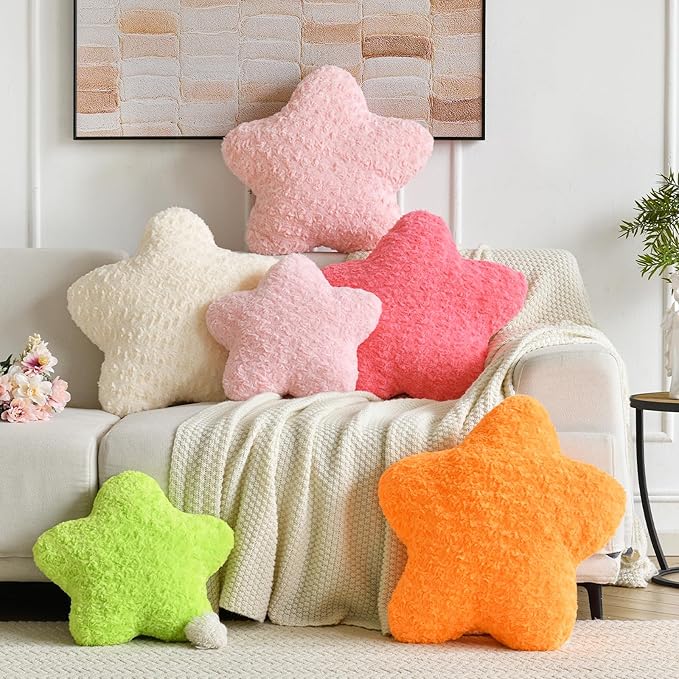 Star Pillow, 19.7" Star Shaped Plush Pillow for Couch Bed Sofa, Cute Decorative Throw Pillows with Soft Faux Fur Room Decor for Bedroom Living Room (Pink)